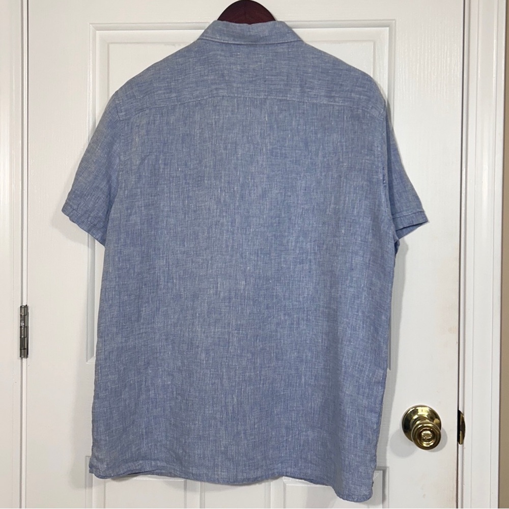 Perry Ellis Men Large Linen Blue Short Sleeve Button Up Casual Dress Shirt Large - Picture 2 of 7